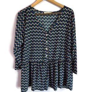 ENTRO Blue Gold Red White Geometric V Neck Button Front Peplum Blouse Large